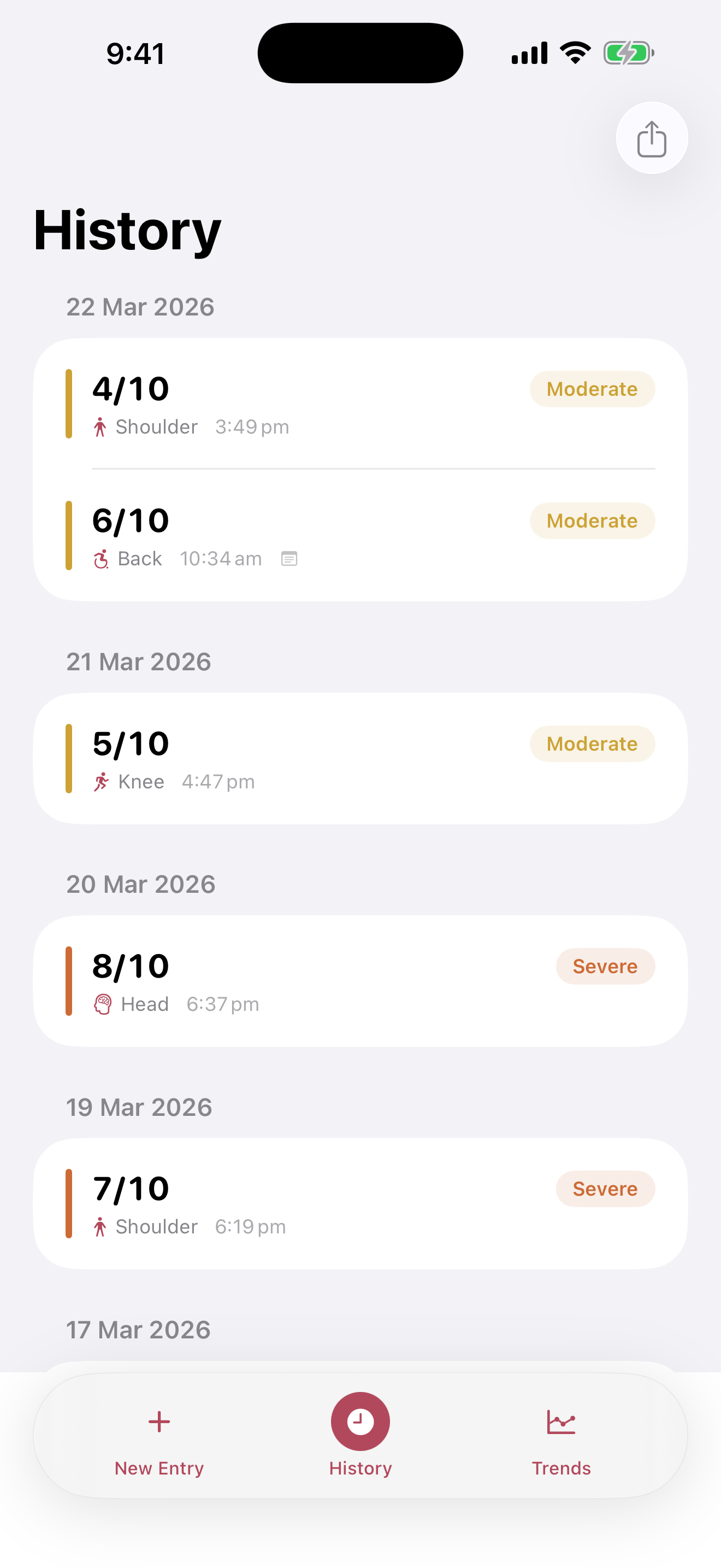 Pain history grouped by day with colour coding