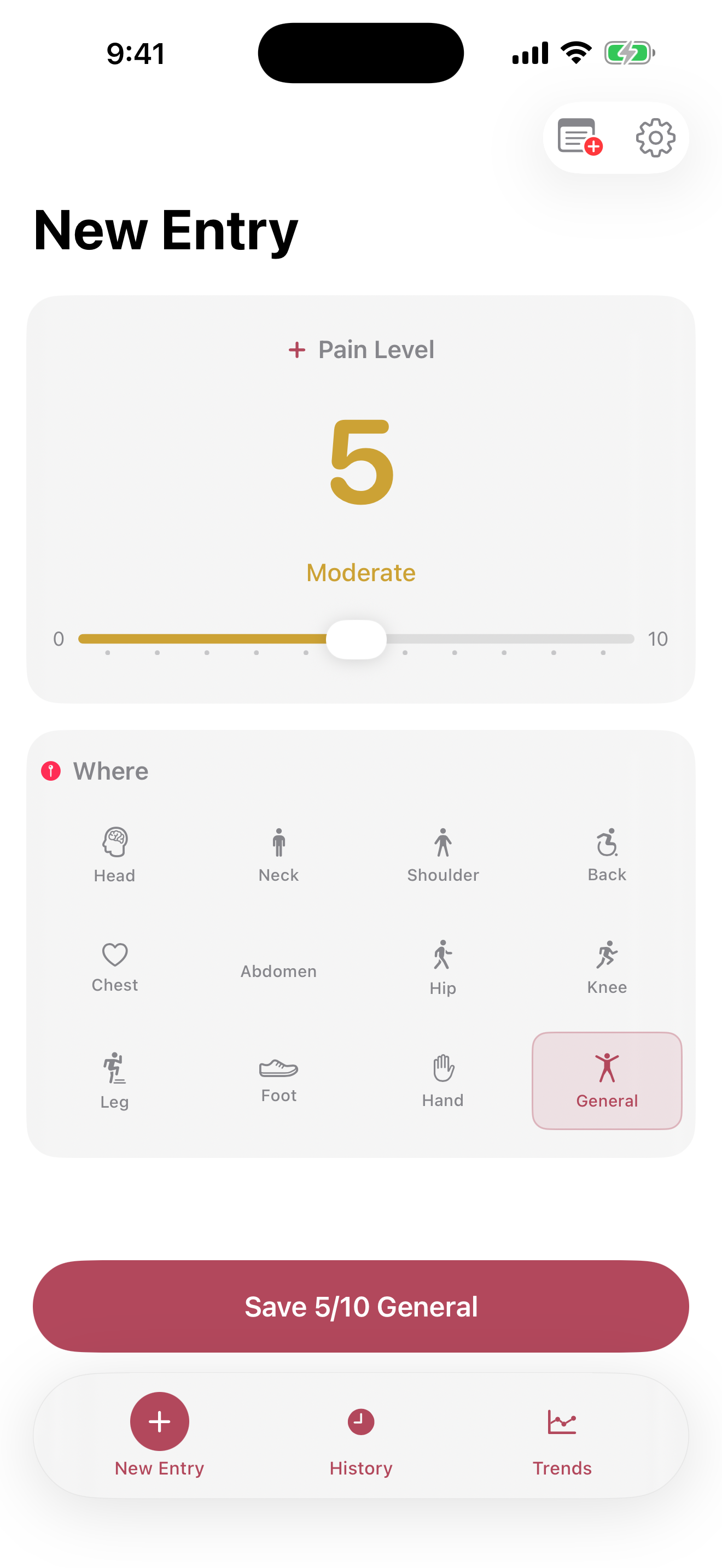 Log pain level with a simple slider
